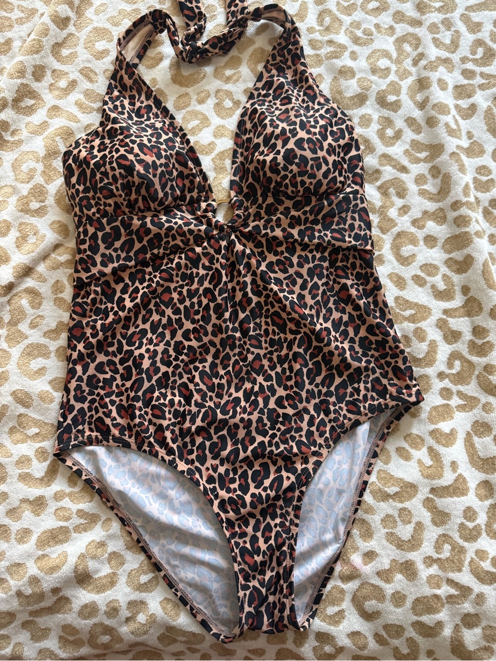 Kona Sol Leopard-Print Halter One-Piece in Black and Brown